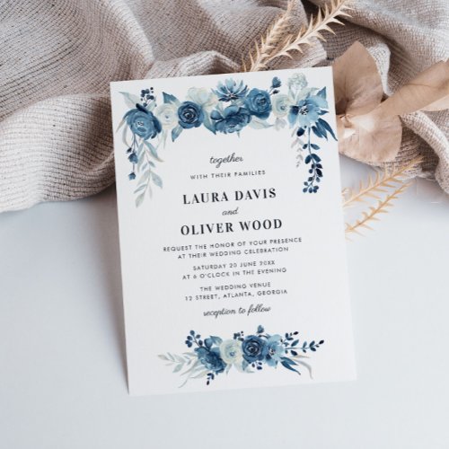 Painted moonlight blue floral wedding invitation