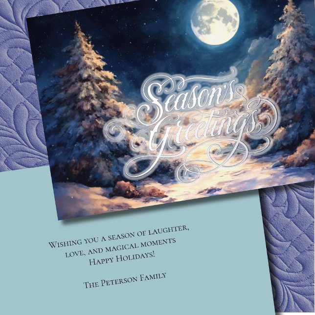 Painted Moonlit Snowy Winter Scene Season's Foil Holiday Card (Creator Uploaded)