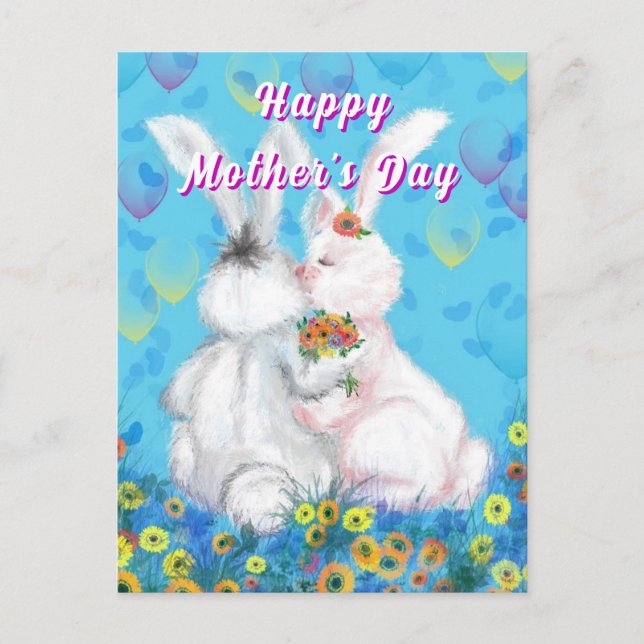 Painted Mother's Day Card with Cute Bunnies (Front)