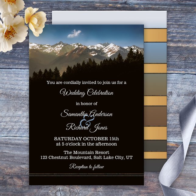 Painted Mountains Pine Trees Wedding Invitation (Elegant wedding invitation featuring a painting of pine trees with snow capped mountains)