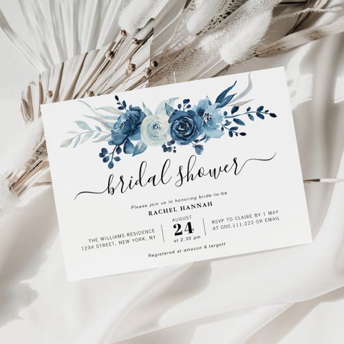 painted navy blue floral bridal shower invitation