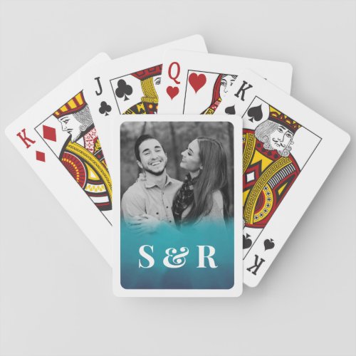 Painted Ocean Blue Photo Monogram Playing Cards