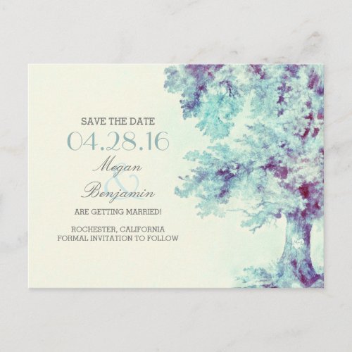 painted old tree vintage save the date postcards - Blue color watercolor painted tree and carved love heart initials romantic save the date postcards.