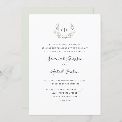 Painted Olive and leaves formal monogram wedding Invitation