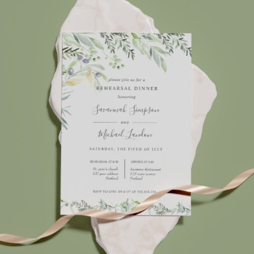 Painted Olive and leaves green  Rehearsal Dinner Invitation
