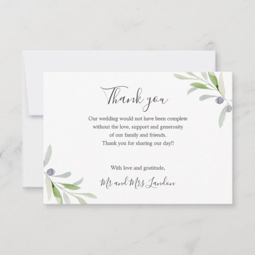 Painted Olive and leaves green Wedding thank you