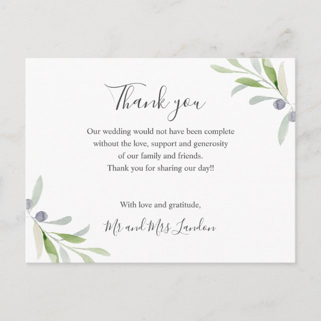 Painted Olive and leaves green Wedding thank you Postcard (Front)