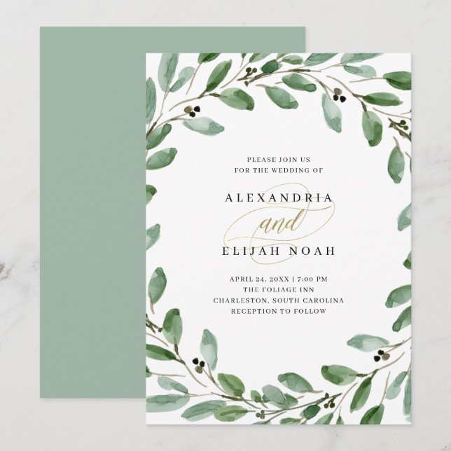 Painted Olive Branches | Simple Watercolor Wedding Invitation (Front/Back)