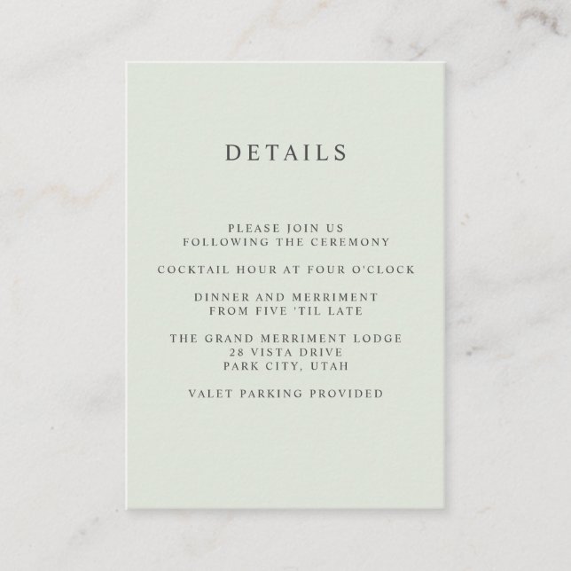 Painted Olive  WEDDING Hotel detail Accommodation Enclosure Card (Front)