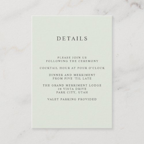 Painted Olive  WEDDING Hotel detail Accommodation Enclosure Card