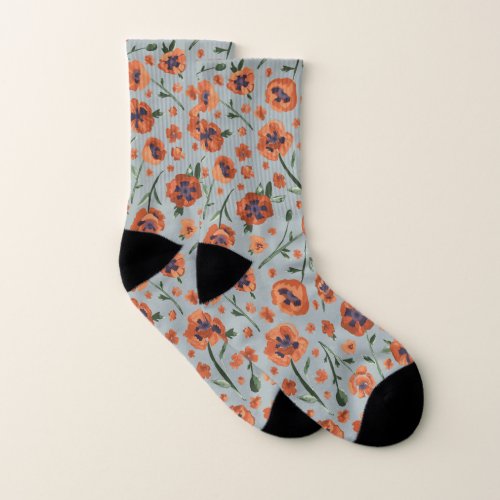 Painted Orange Oriental Poppy Patterned Flowers Socks