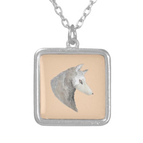 Painted Orange Wildlife Watercolor Wolf Silver Plated Necklace