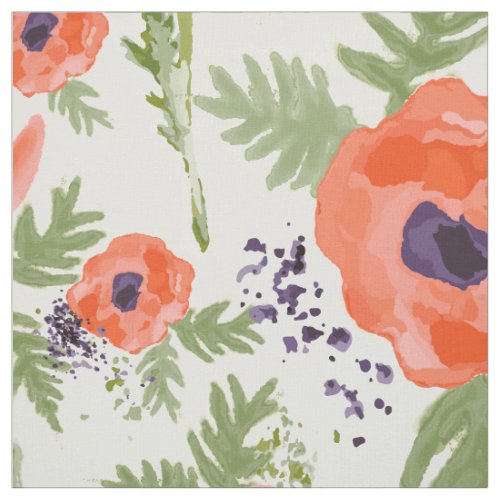 Painted Oriental Orange Poppy Floral Pattern Fabric