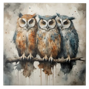 Painted owls ceramic tile