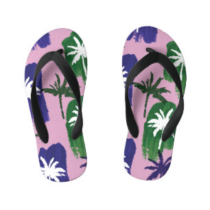 Painted Palm, Navy Blue Green. Kid's Flip Flops