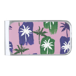 Painted Palm, Navy Blue Green. Silver Finish Money Clip