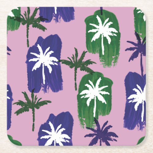 Painted Palm Navy Blue Green Square Paper Coaster