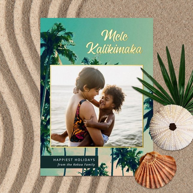 Painted Palm Trees Mele Kalikimaka Photo Christmas Foil Holiday Card (Creator Uploaded)