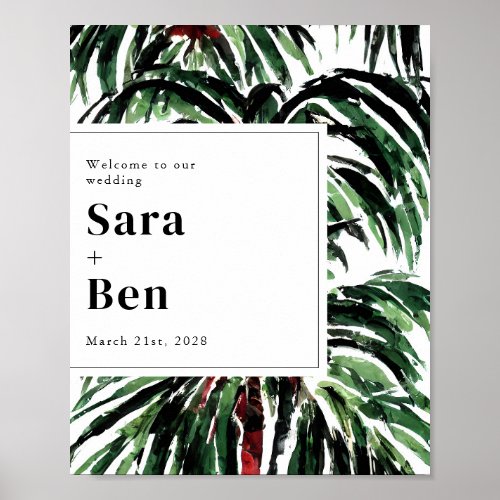 Painted Palm Trees Modern Beach Wedding Welcome Poster