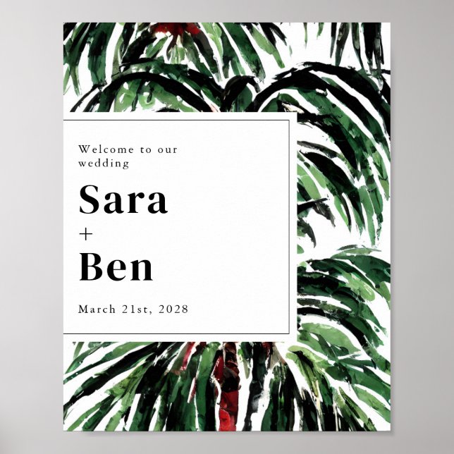 Painted Palm Trees Modern Beach Wedding Welcome Poster (Front)