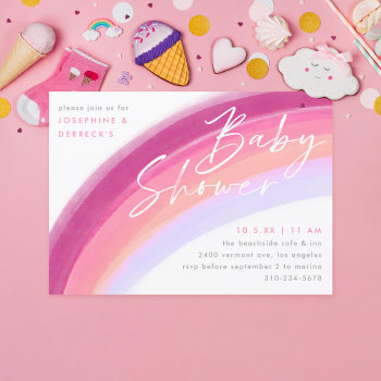 Painted Pastel Purple Rainbow Baby Shower Invitation by beckynimoy at Zazzle