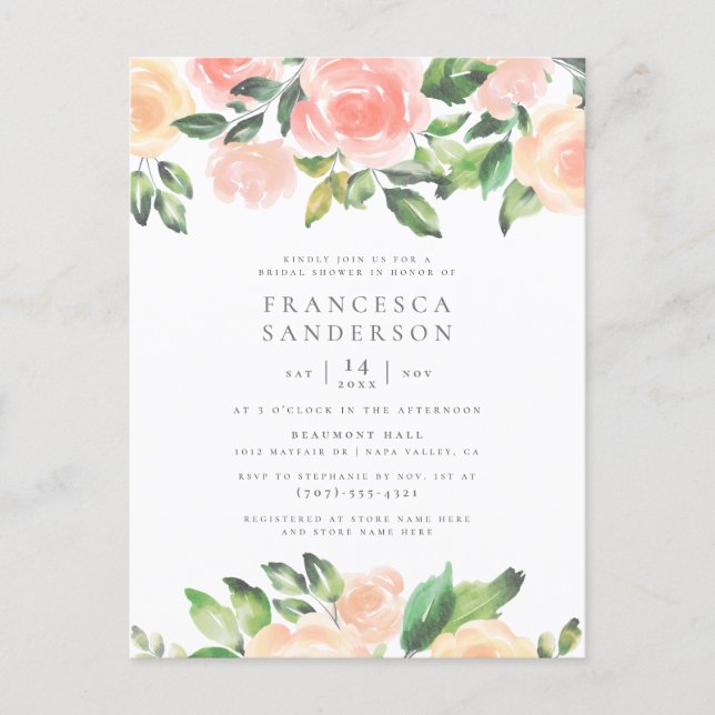 Painted Peach Roses | Modern Elegant Bridal Shower Invitation Postcard (Front)
