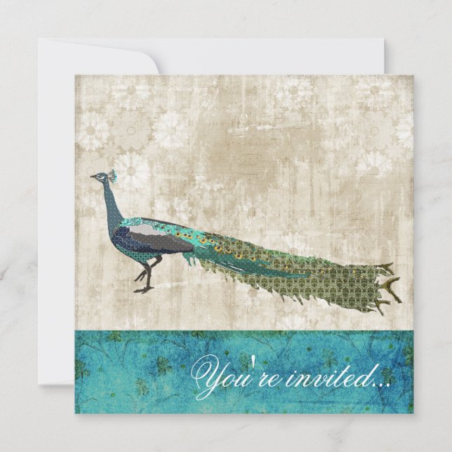 Painted Peacock Sea Blue & White Vintage Invitatio Invitation (Front)