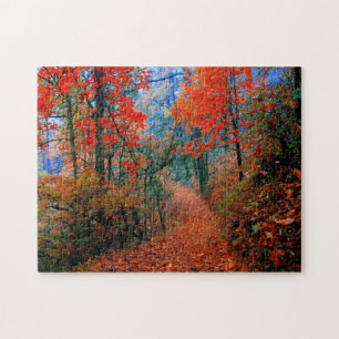 Painted Photograph Forest Autumn Flame Trail Jigsaw Puzzle