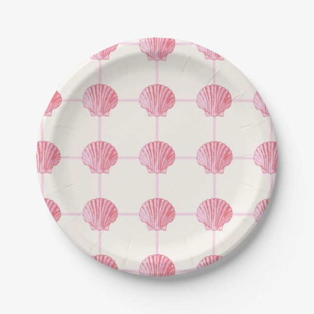 Painted Pink and Coral Clam Seashell Checkers Paper Plates (Front)
