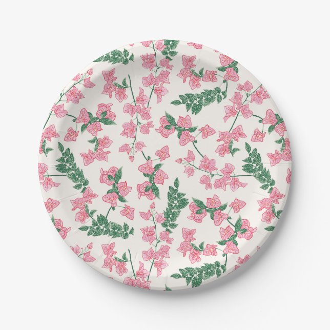 Painted Pink and Green Coastal Florals Paper Plates (Front)