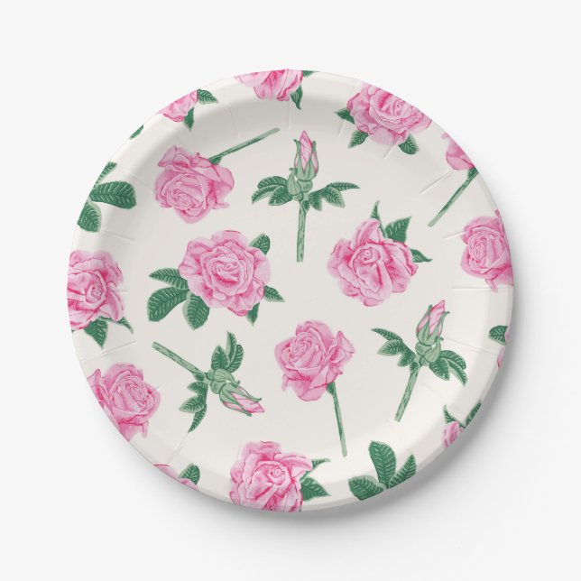 Painted Pink and Green Rose Pattern Paper Plates (Front)