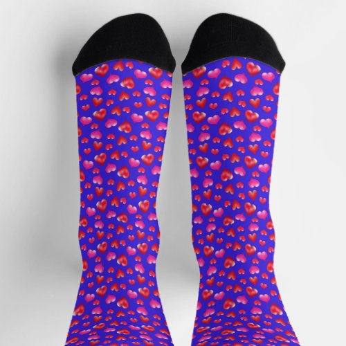 Painted Pink and Red Hearts on Bright Blue Cute Socks