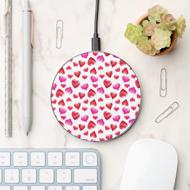 Painted Pink and Red Hearts Pretty Wireless Charger (Desk)