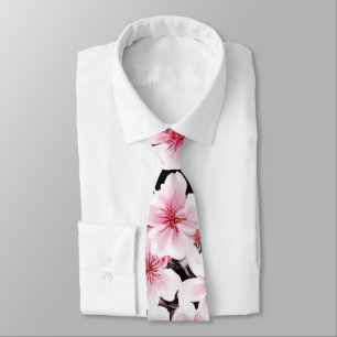 Painted Pink & Black Cherry Blossoms Pattern Neck Tie