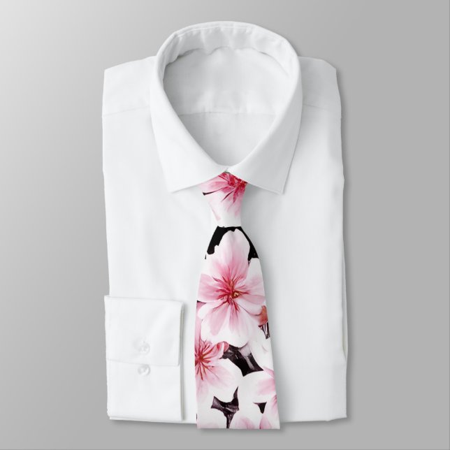 Painted Pink & Black Cherry Blossoms Pattern Neck Tie (Tied)