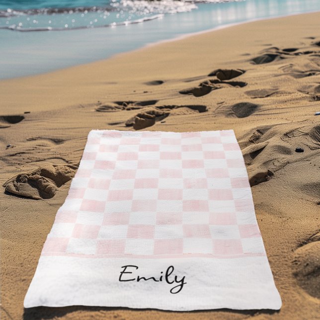 Painted Pink Checkerboard Pattern Personalized Beach Towel (Creator Uploaded)