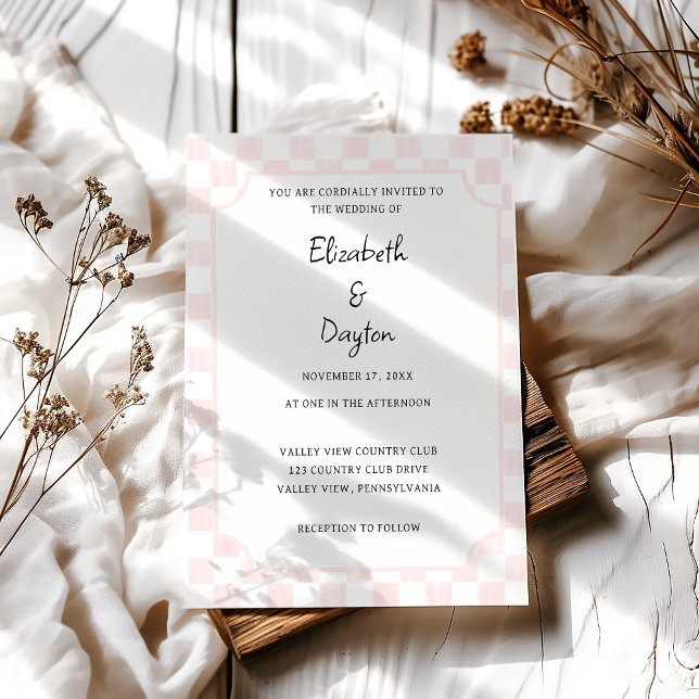 Painted Pink Checkerboard Pattern Wedding Invitation (Creator Uploaded)