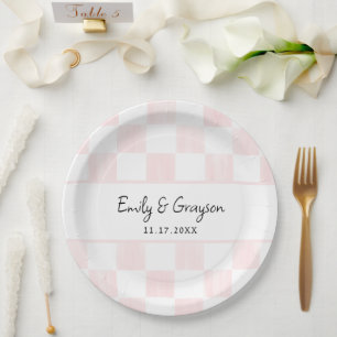 Painted Pink Checkerboard Pattern Wedding Paper Plates