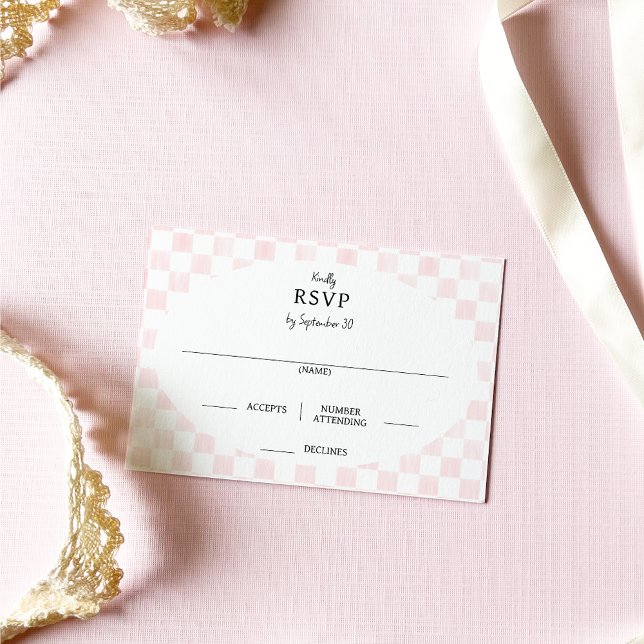 Painted Pink Checkerboard Pattern Wedding RSVP Card (Creator Uploaded)