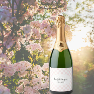 Painted Pink Checkerboard Pattern Wedding Sparkling Wine Label