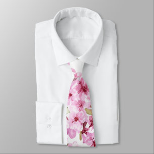 Painted Pink Cherry Blossom Pattern Neck Tie