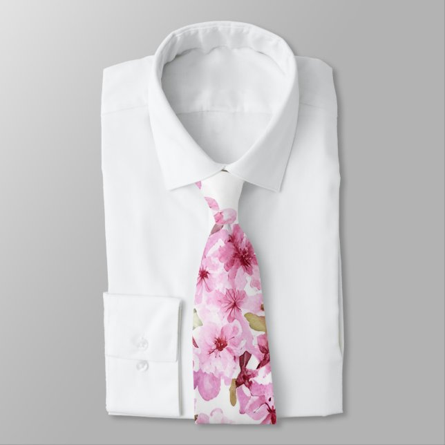 Painted Pink Cherry Blossom Pattern Neck Tie (Tied)