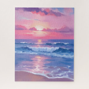 Painted Pink Ocean Coastal Watercolor Pastel Jigsaw Puzzle
