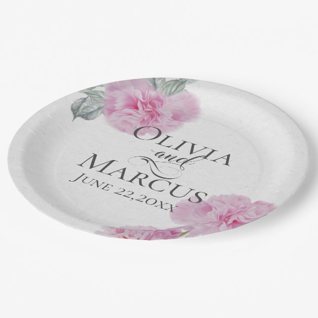 Painted Pink Peonies on Rice Paper Texture Paper Plates (Angled)