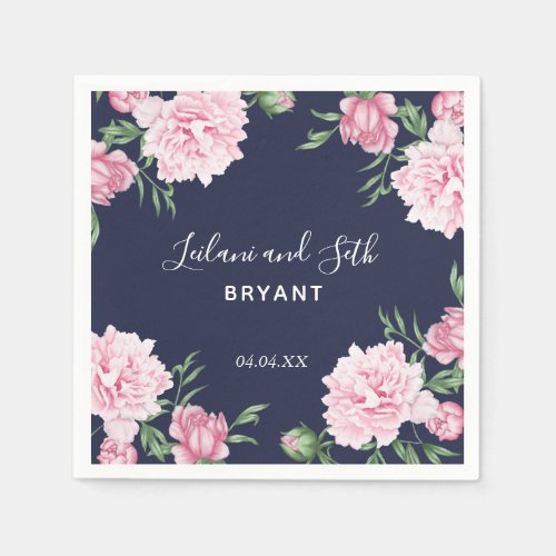 Painted Pink Peony Floral Navy  Wedding Napkins