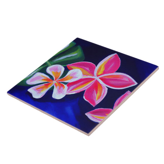 Painted pink plumeria on blue tropical ceramic tile (Side)