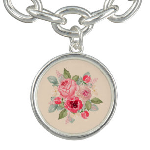 Painted Pink Roses Bouquet Charm Bracelet