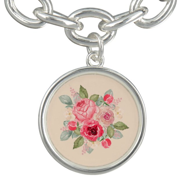 Painted Pink Roses Bouquet Charm Bracelet (Design)