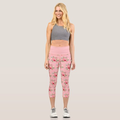 Painted Pink Roses Bouquet Pattern Capri Leggings