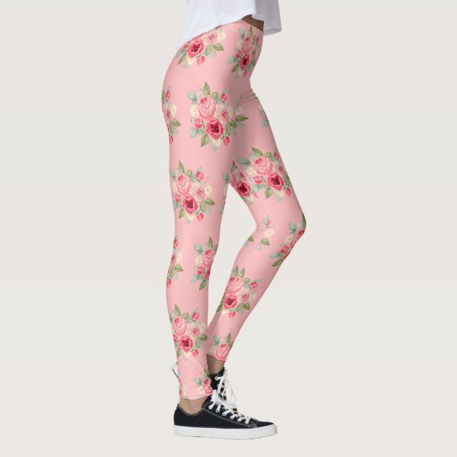 Painted Pink Roses Bouquet Pattern Leggings (Right)